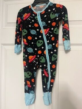 Baby Bamboo Space Print Footie One-Piece - Black with Blue Trim